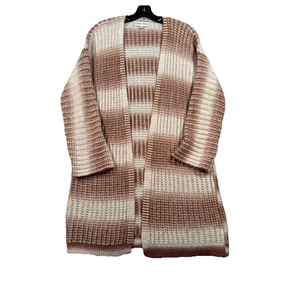 Knox Rose Cardigan Sweater Womens Large Rust Cream Striped Open Front Duster Tan